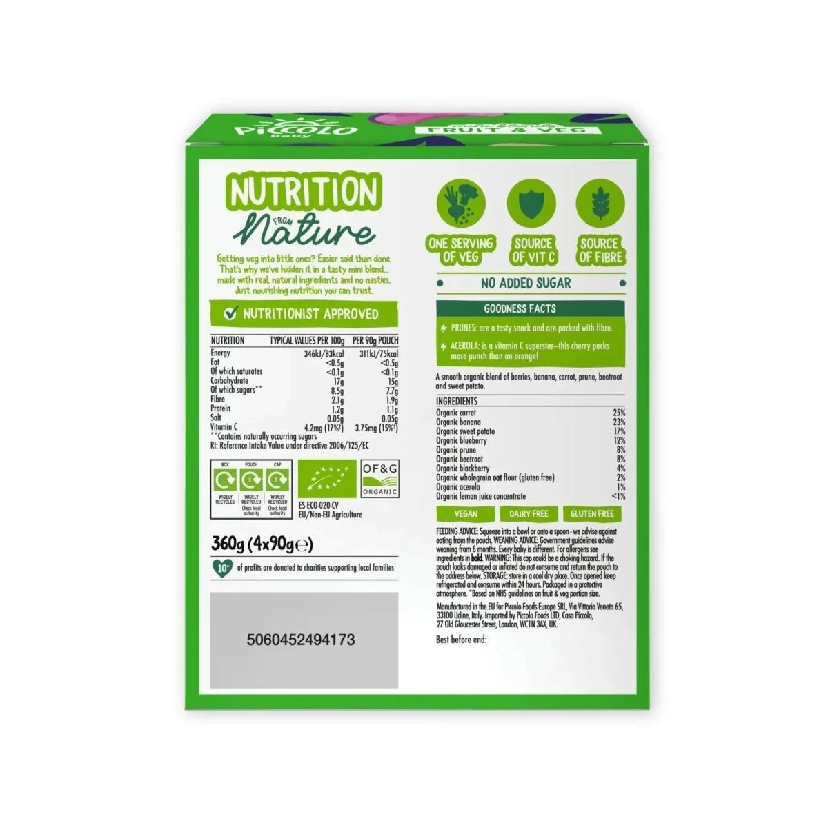 Piccolo Baby Fruit & Veg - Carrot, Banana, Berry & Beets 6+ months 360g (4x90g)