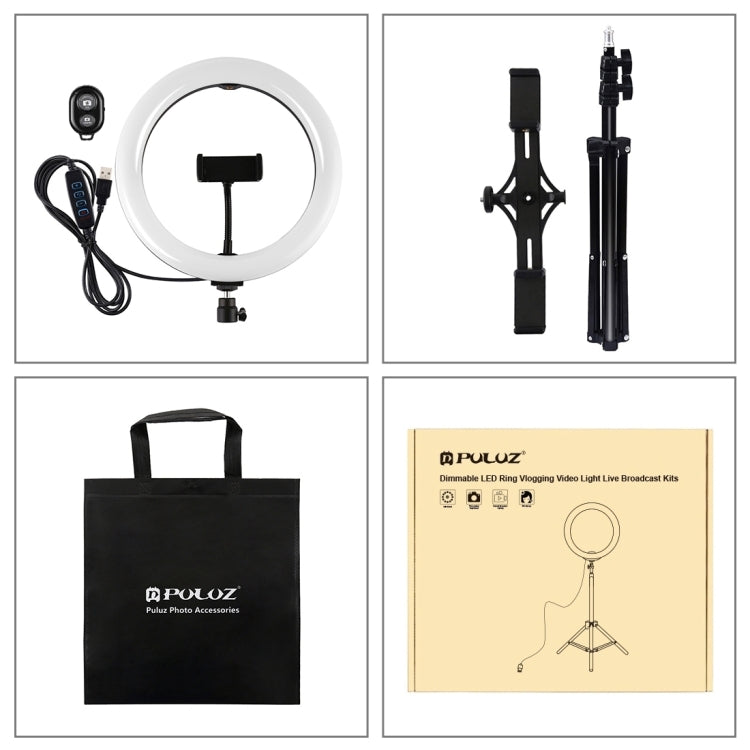 PULUZ 10.2 inch 26cm Light + 1.1m Tripod Mount + Dual Phone Brackets USB 3 Modes Dimmable Dual Color Temperature LED Curved Diffuse Light Ring Vlogging Selfie Photography Video Lights with Phone Clamp & Selfie Remote Control(Black)