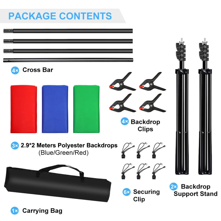 PULUZ 2.9x2m Photo Studio Background Support Stand Backdrop Crossbar Bracket Kit with Red / Blue / Green Polyester Backdrops