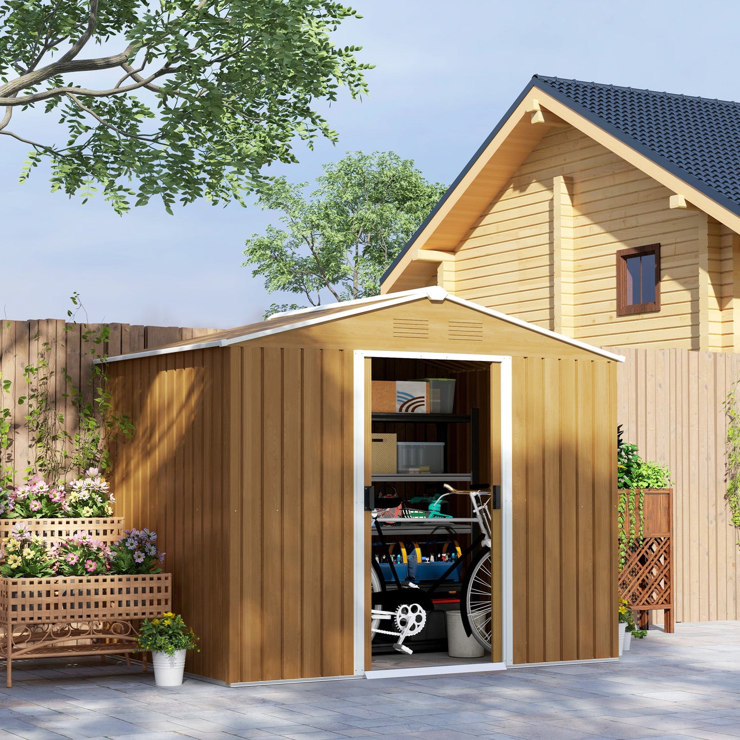 Outsunny 8 x 6ft Garden Storage Shed with Double Door Chocolate Wood Effect