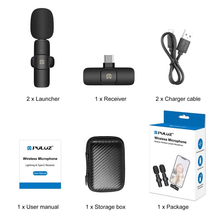 PULUZ Wireless Lavalier Microphone – Type-C Receiver + Dual Microphones