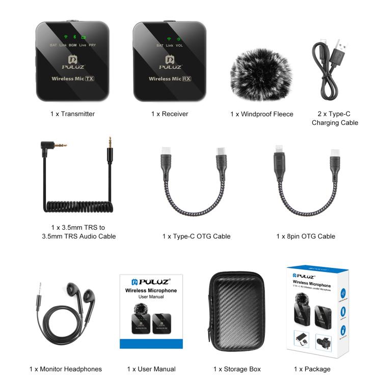 PULUZ 1 TX + 1 RX Wireless Lavalier Microphone (Black)