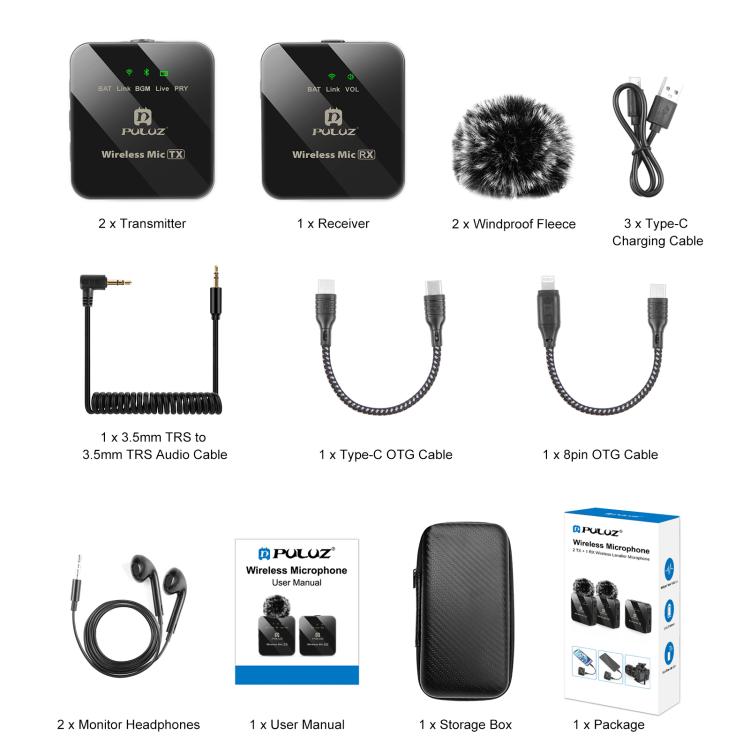 PULUZ 2 TX + 1 RX Wireless Lavalier Microphone (Black)