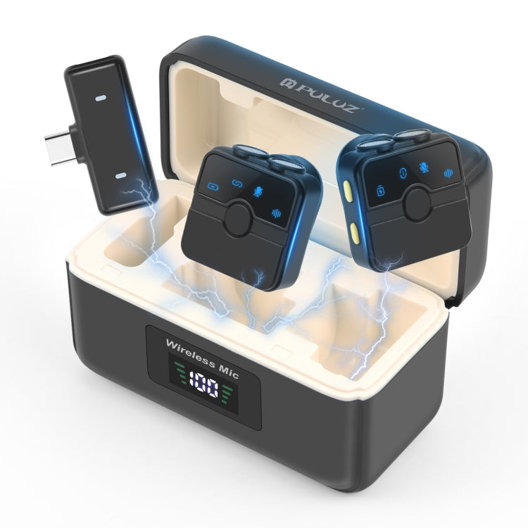 PULUZ Magnetic Lavalier Wireless Microphone with Charging Case Box, Type-C RX Receiver and 2 TX Microphones, Type-C 2 TX + 1 RX, with Charging Case Box