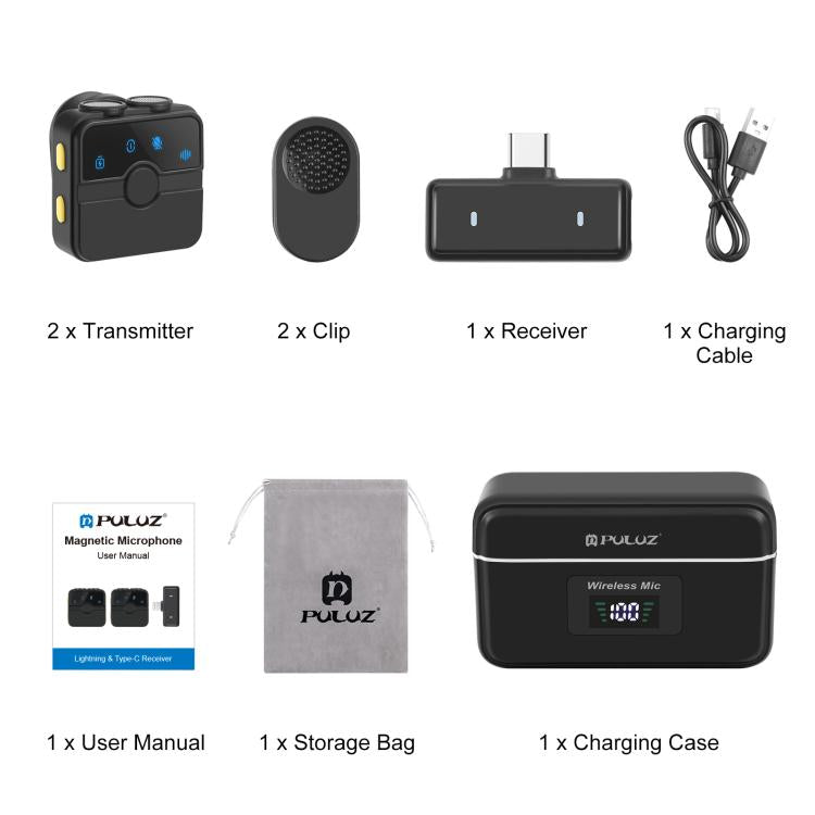 PULUZ Magnetic Lavalier Wireless Microphone with Charging Case Box, Type-C RX Receiver and 2 TX Microphones, Type-C 2 TX + 1 RX, with Charging Case Box
