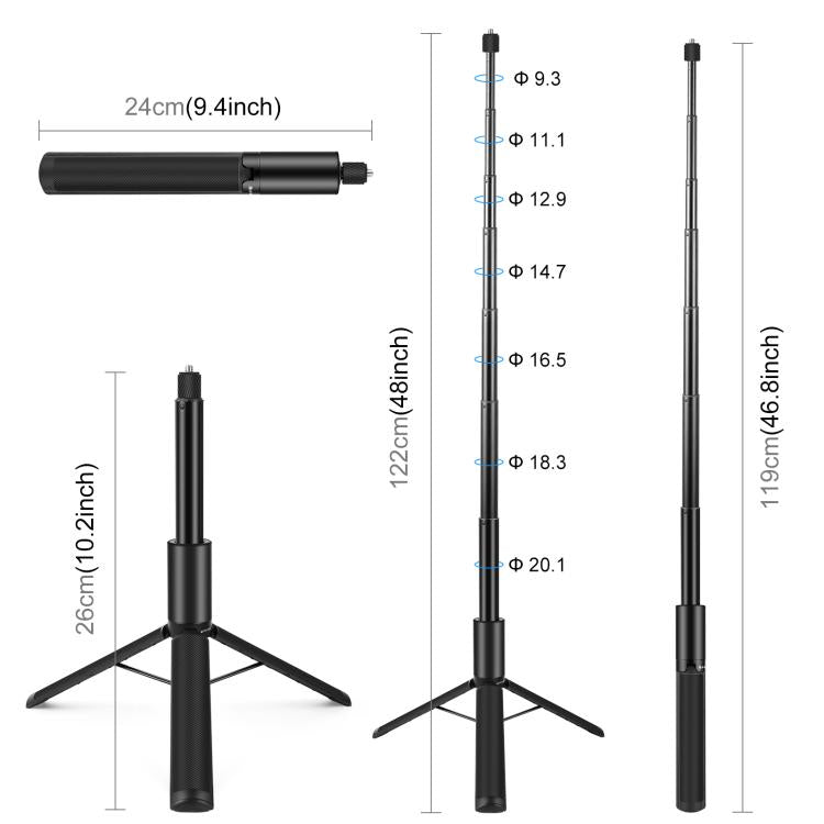 PULUZ 1.22m Retractable Invisible Selfie Stick with Tripod For Insta360 X4 / X4 Air / X3 (Black)