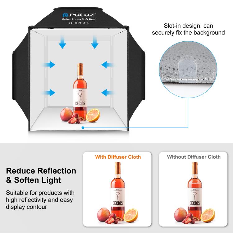 PULUZ 40cm Folding 72W 5500K Studio Shooting Tent Soft Box Photography Lighting Kit with 4 Colors (Black, Orange, White, Green) Backdrops, 40cm Folding 72W(US Plug), 40cm Folding 72W(AU Plug), 40cm Folding 72W(EU Plug), 40cm Folding 72W(UK Plug)