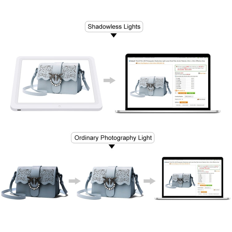 PULUZ Mini LED Photography Shadowless Light Lamp Panel Pad + Studio Shooting Tent Box, Acrylic Material, 20cm x 20cm Effective Area, 20cm(2 LED) + Shadowless Light