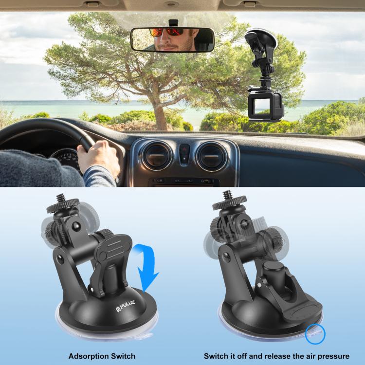 PULUZ Car Suction Cup Mount with Screw & Tripod Mount Adapter & Storage Bag for GoPro, Insta360, DJI and Other Action Cameras