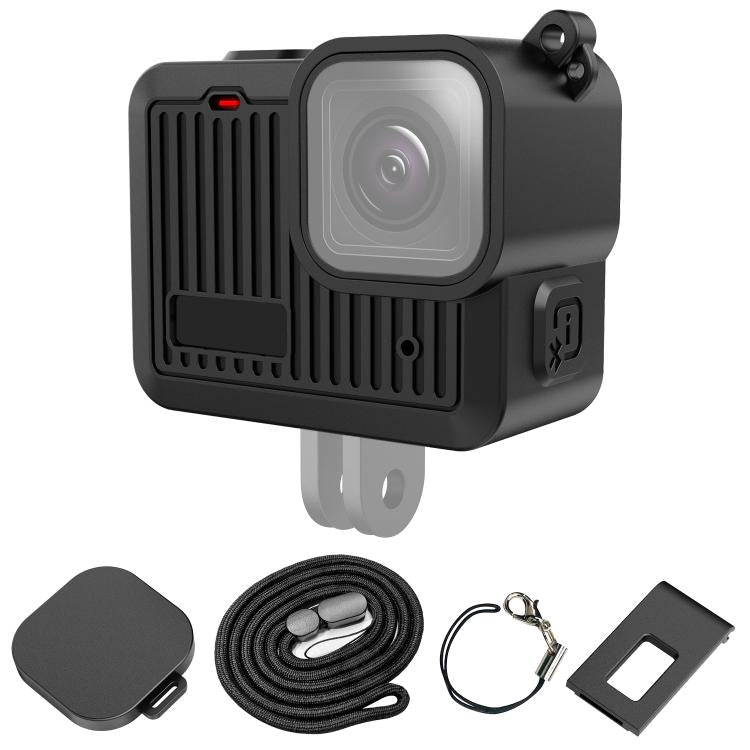 For GoPro HERO 4K 2024 PULUZ Silicone Protective Case Side Interface Cover with Wrist Strap & Lens Cover (Black)