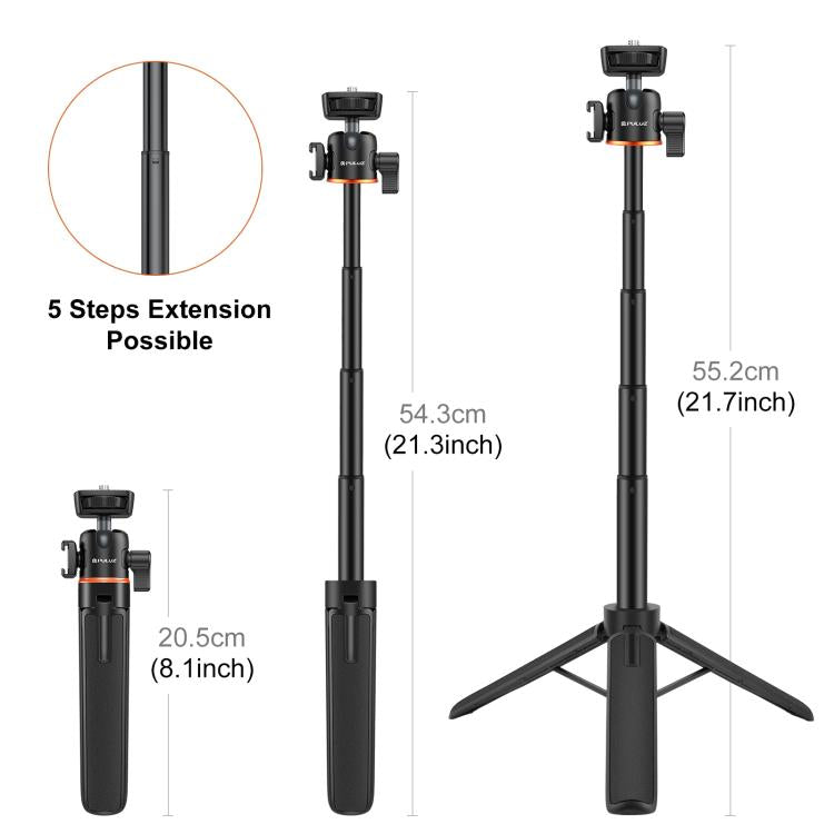 PULUZ Mini Phone Camera Extension Tripod Stand 360 Degree Ball Head Cold Shoe Selfie Stick (Black)