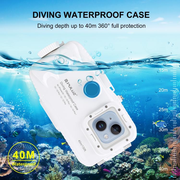 [US Warehouse] PULUZ 40m/130ft Waterproof Diving Case for iPhone 16 / 15 / 15 Pro / 14 / 14 Pro / 13 / 13 Pro / 12 / 12 Pro, with One-way Valve Photo Video Taking Underwater Housing Cover