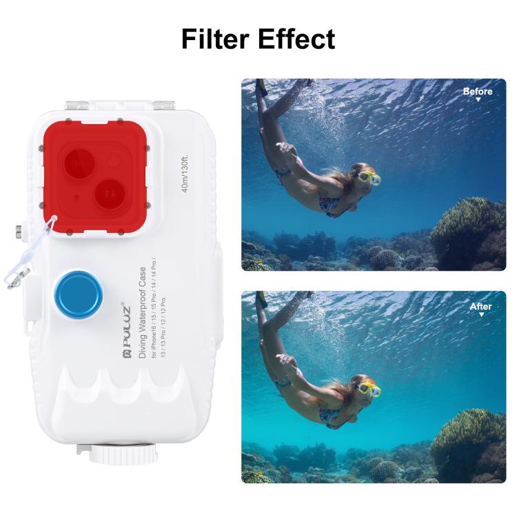 [US Warehouse] PULUZ 40m/130ft Waterproof Diving Case for iPhone 16 / 15 / 15 Pro / 14 / 14 Pro / 13 / 13 Pro / 12 / 12 Pro, with One-way Valve Photo Video Taking Underwater Housing Cover