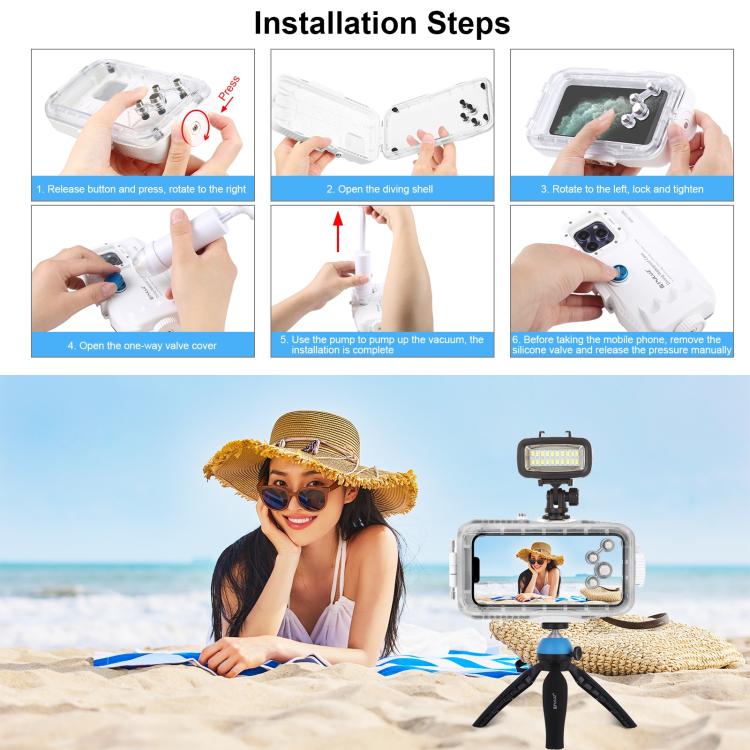 [US Warehouse] PULUZ 40m/130ft Waterproof Diving Case for iPhone 16 / 15 / 15 Pro / 14 / 14 Pro / 13 / 13 Pro / 12 / 12 Pro, with One-way Valve Photo Video Taking Underwater Housing Cover
