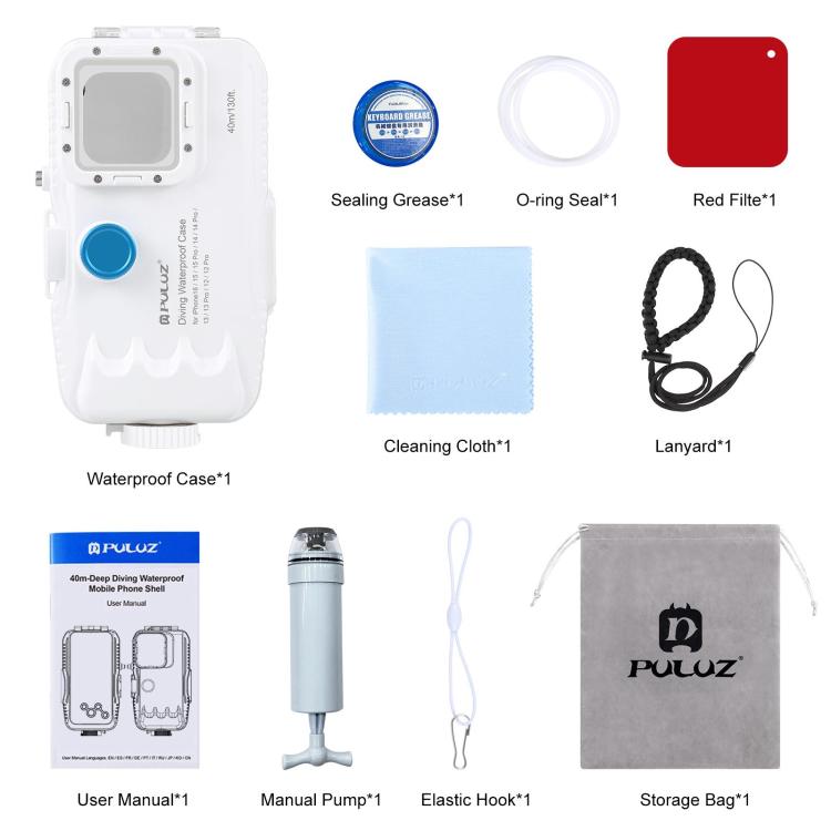 [US Warehouse] PULUZ 40m/130ft Waterproof Diving Case for iPhone 16 / 15 / 15 Pro / 14 / 14 Pro / 13 / 13 Pro / 12 / 12 Pro, with One-way Valve Photo Video Taking Underwater Housing Cover