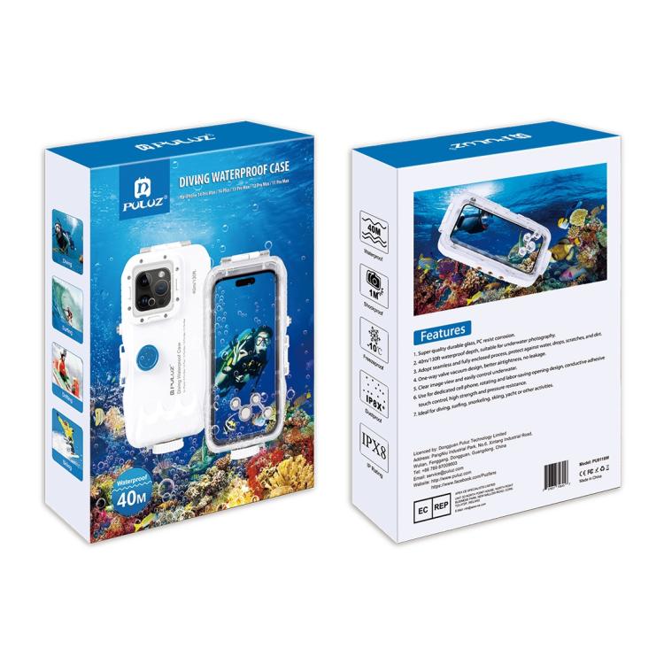 PULUZ 40m/130ft Waterproof Diving Case for 15 Pro Max / 15 Plus / iPhone 14 Plus / 14 Pro Max / 13 Pro Max / 12 Pro Max / 11 Pro Max, with One-way Valve Photo Video Taking Underwater Housing Cover, For iPhone 15 Pro Max / 15 Plus / 14 Plus             ...