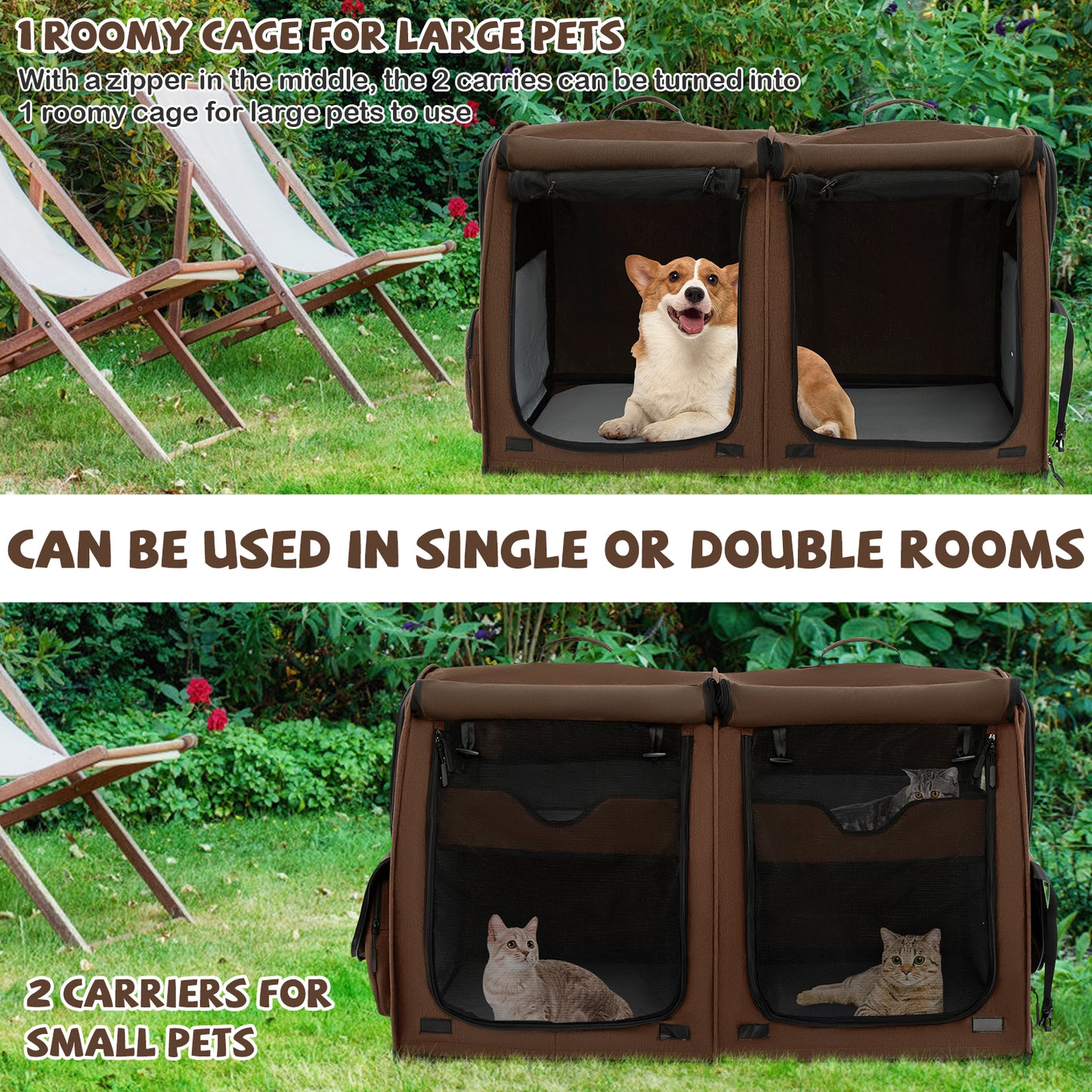 2 Compartments Pet Travel Carriers with Removable Hammocks and Mats-Black