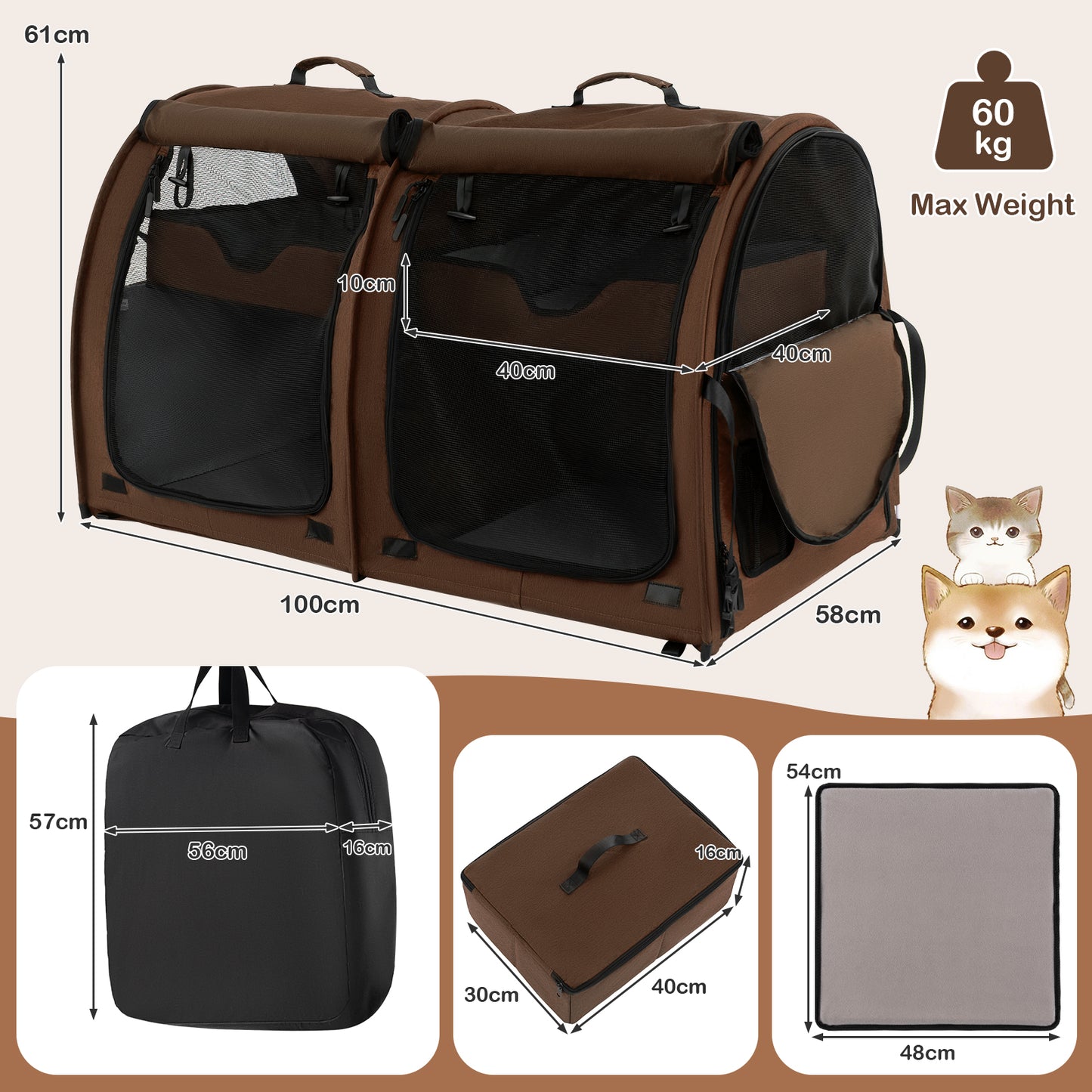 2 Compartments Pet Travel Carriers with Removable Hammocks and Mats-Black