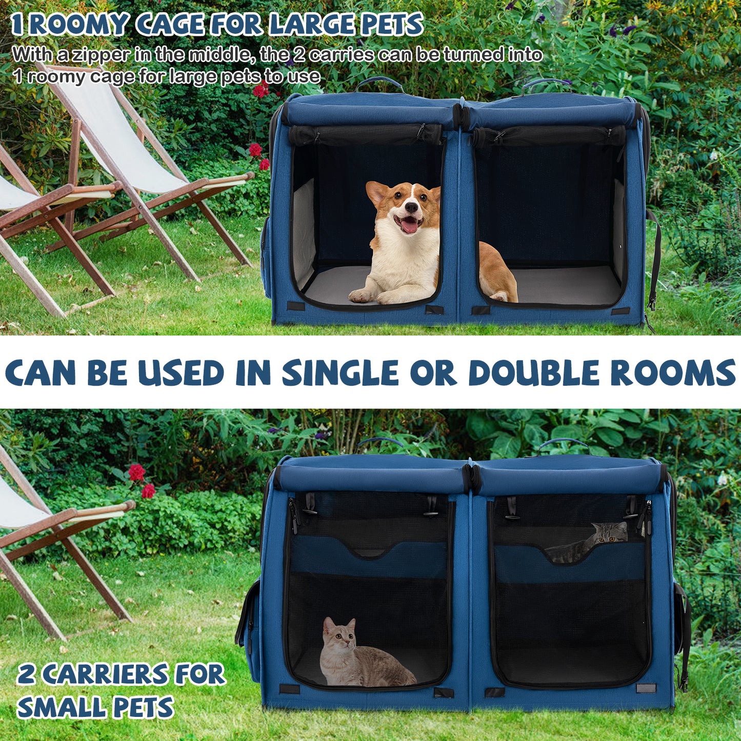 2 Compartments Pet Travel Carriers with Removable Hammocks and Mats-Black