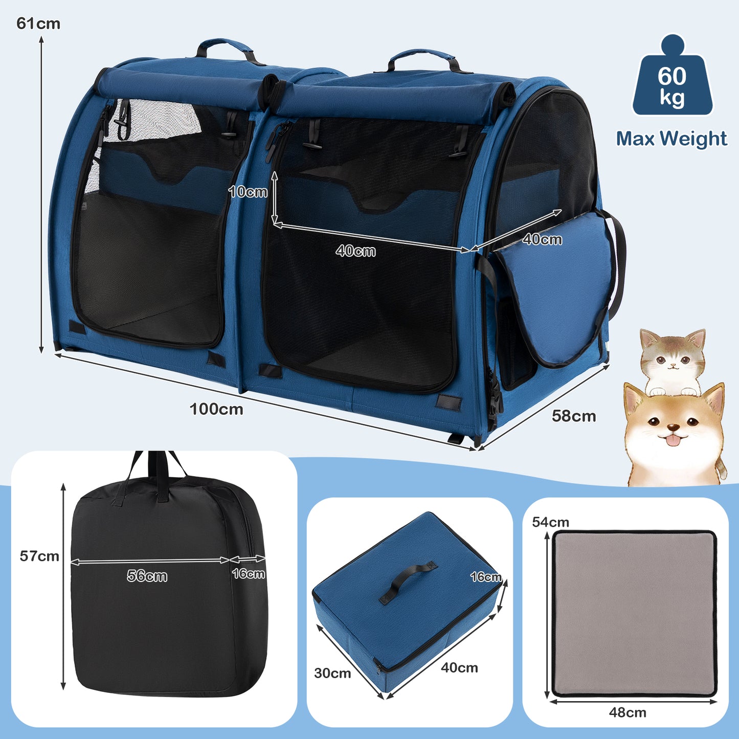 2 Compartments Pet Travel Carriers with Removable Hammocks and Mats-Black