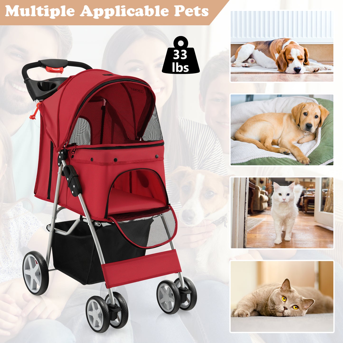 4-Wheel Folding Pet Stroller with Storage Basket and Adjustable Canopy-Beige
