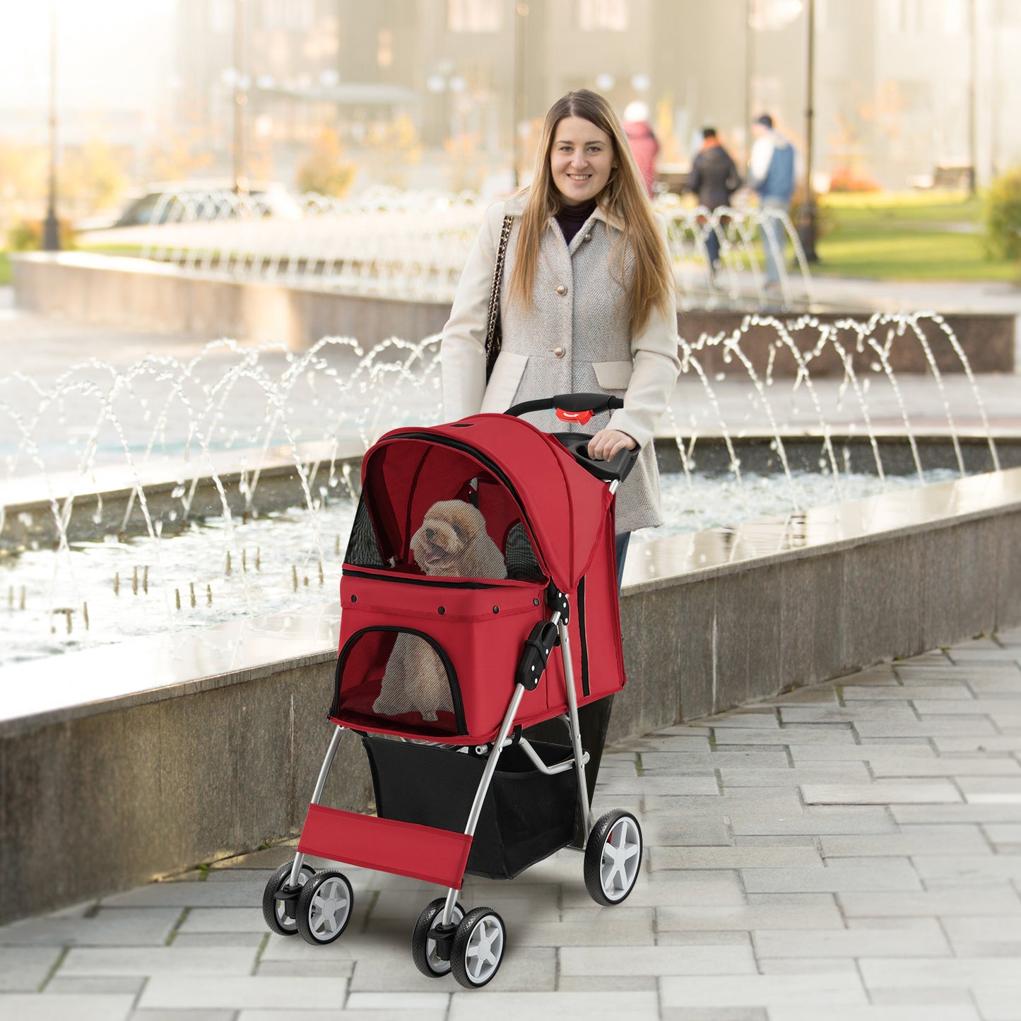 4-Wheel Folding Pet Stroller with Storage Basket and Adjustable Canopy-Beige