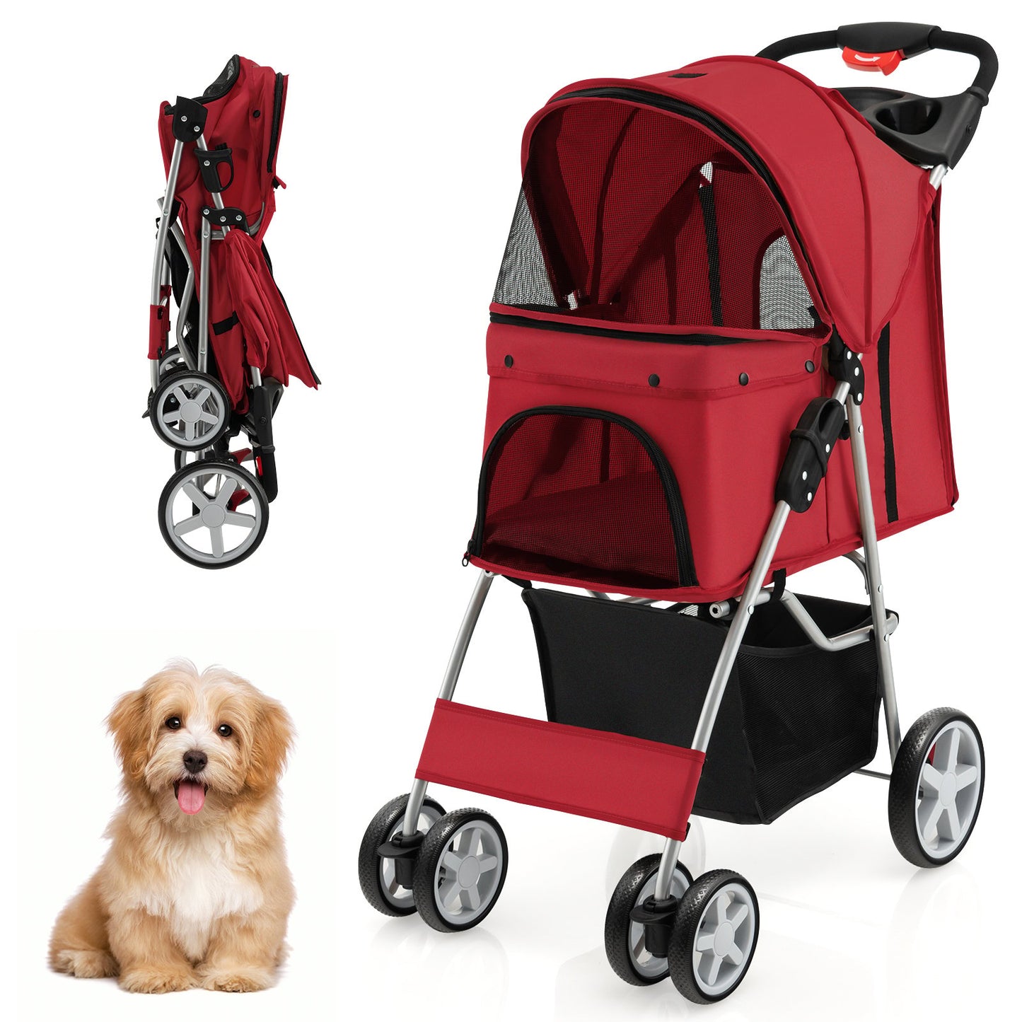 4-Wheel Folding Pet Stroller with Storage Basket and Adjustable Canopy-Beige
