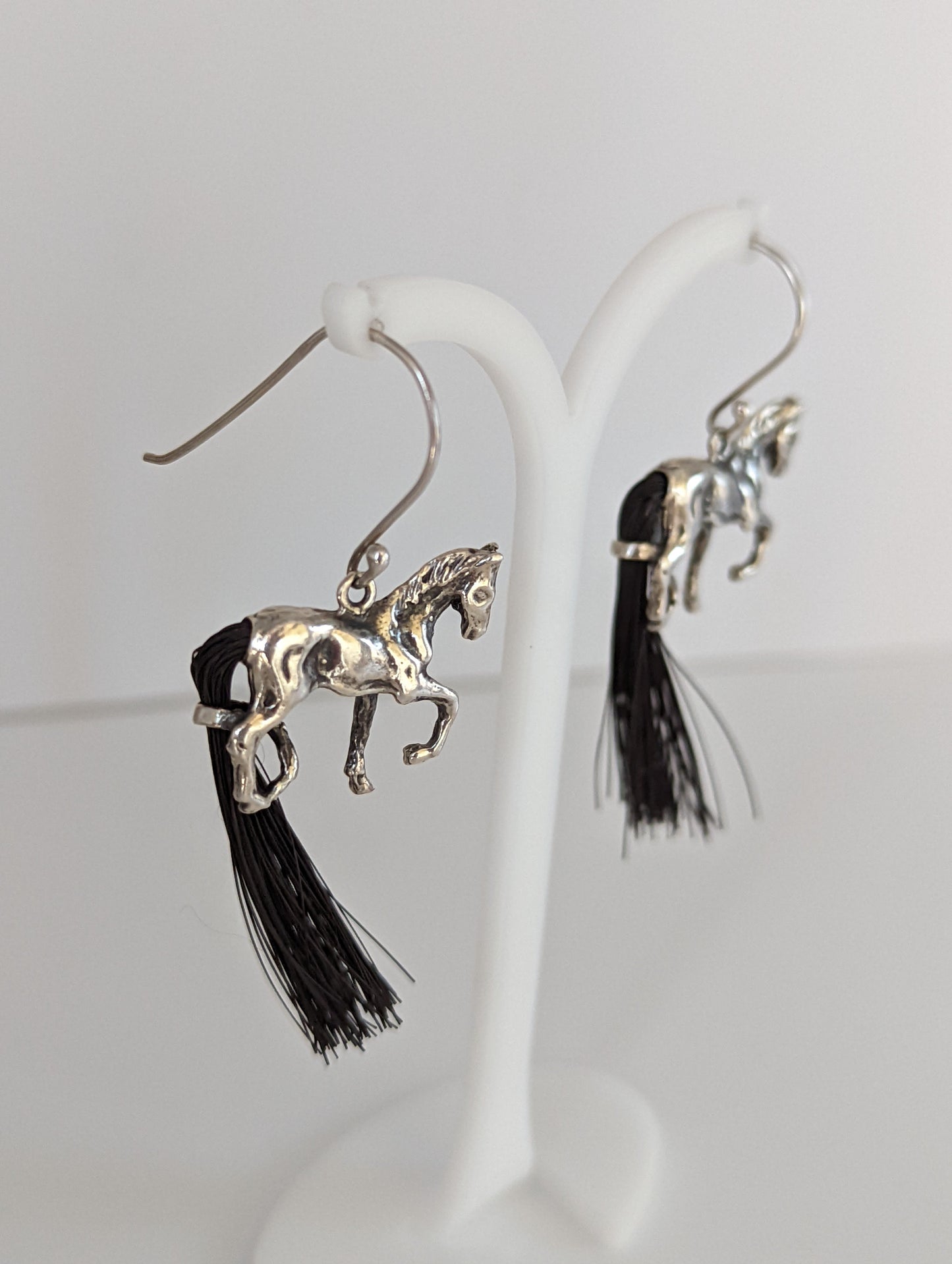 Silver Steed Large Silver Horse Long Earrings with horse hair tail