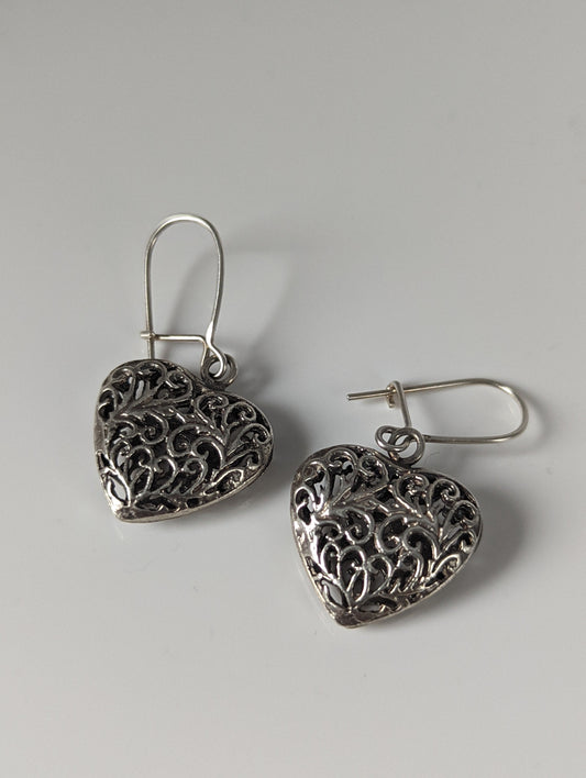 Silver Steed  Filigree Heart Dropped Earrings