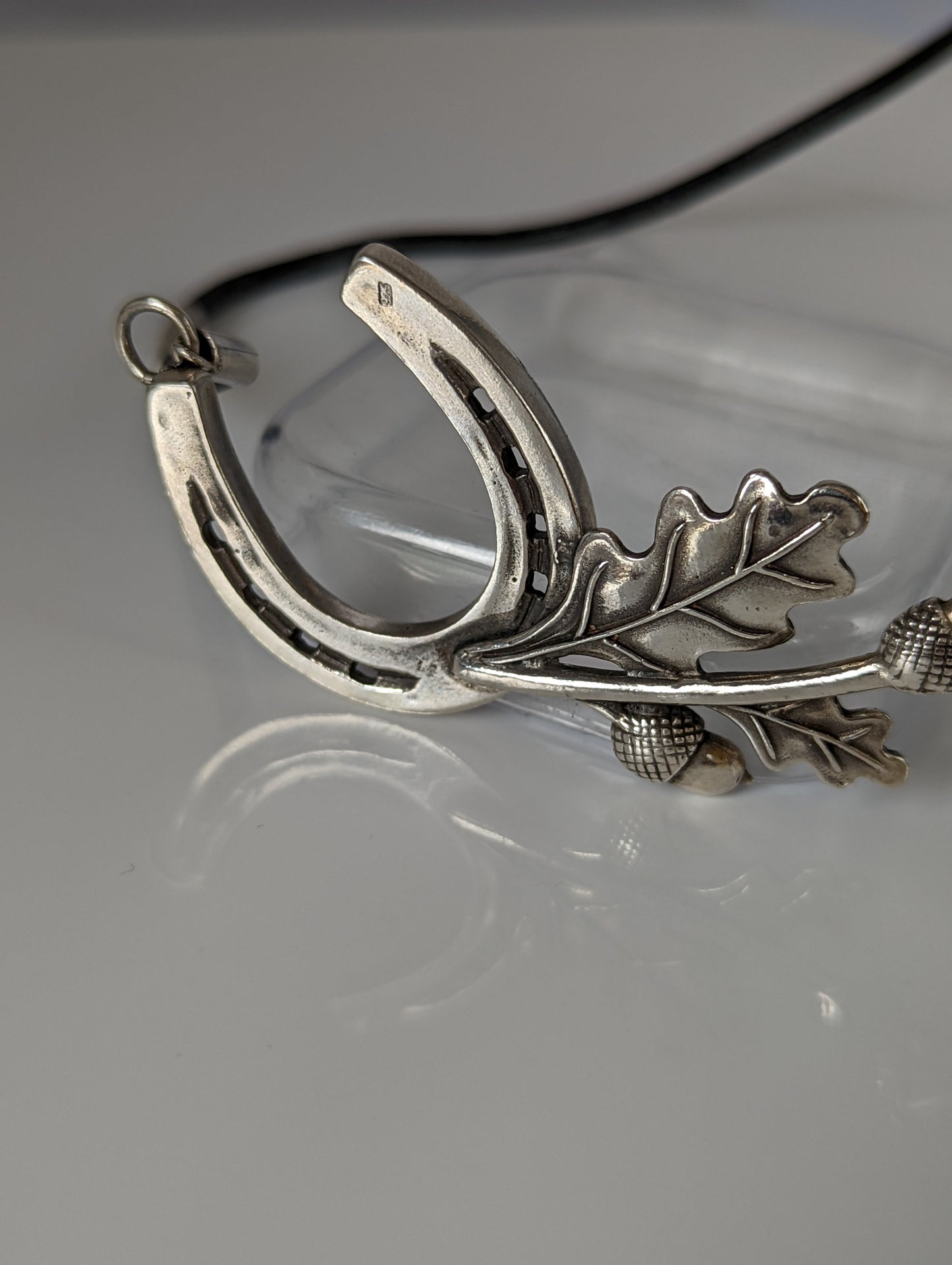 Silver Steed Big Horseshoe With Oak Leaves and Acorns On Cord Necklace