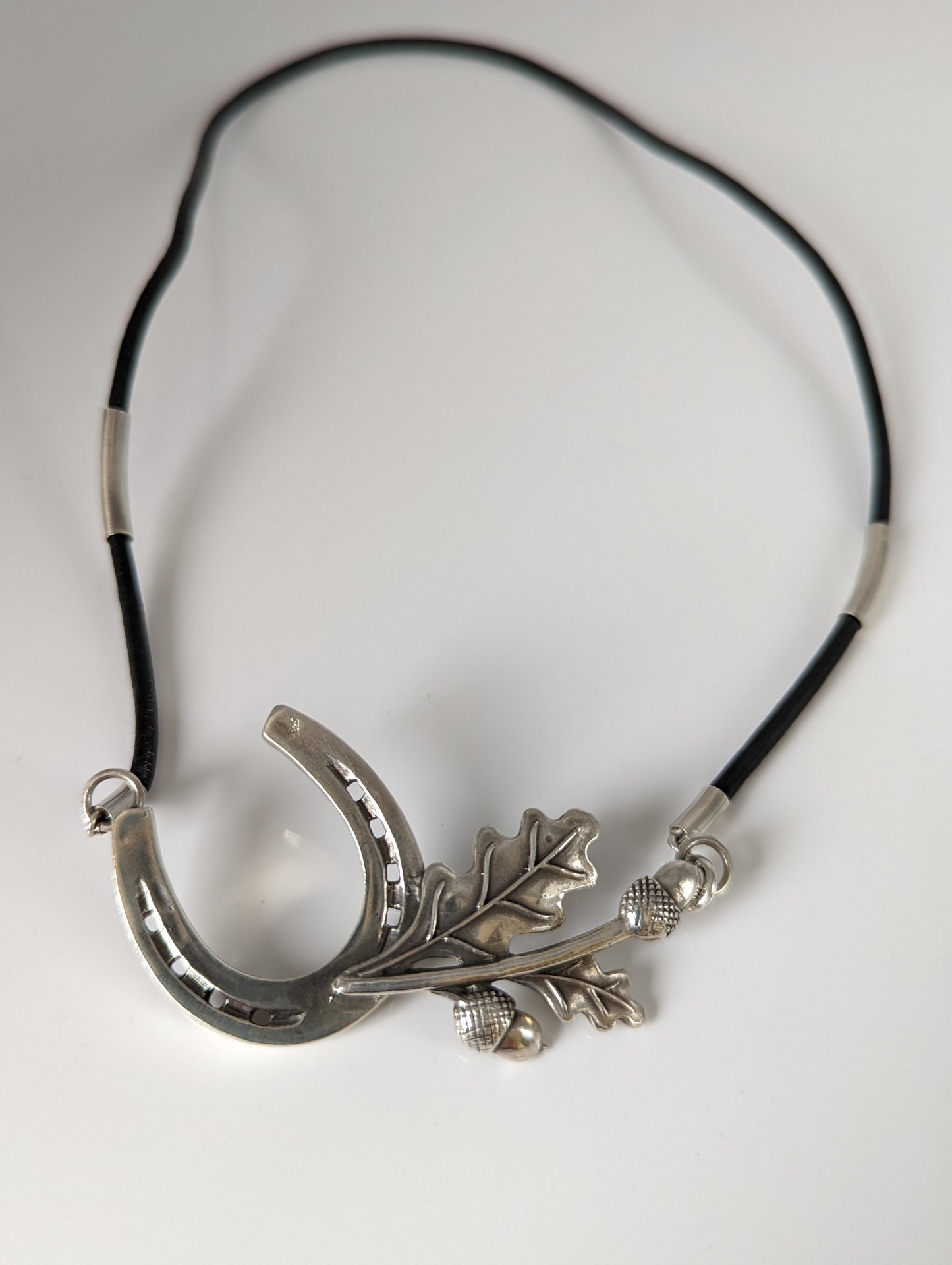 Silver Steed Big Horseshoe With Oak Leaves and Acorns On Cord Necklace