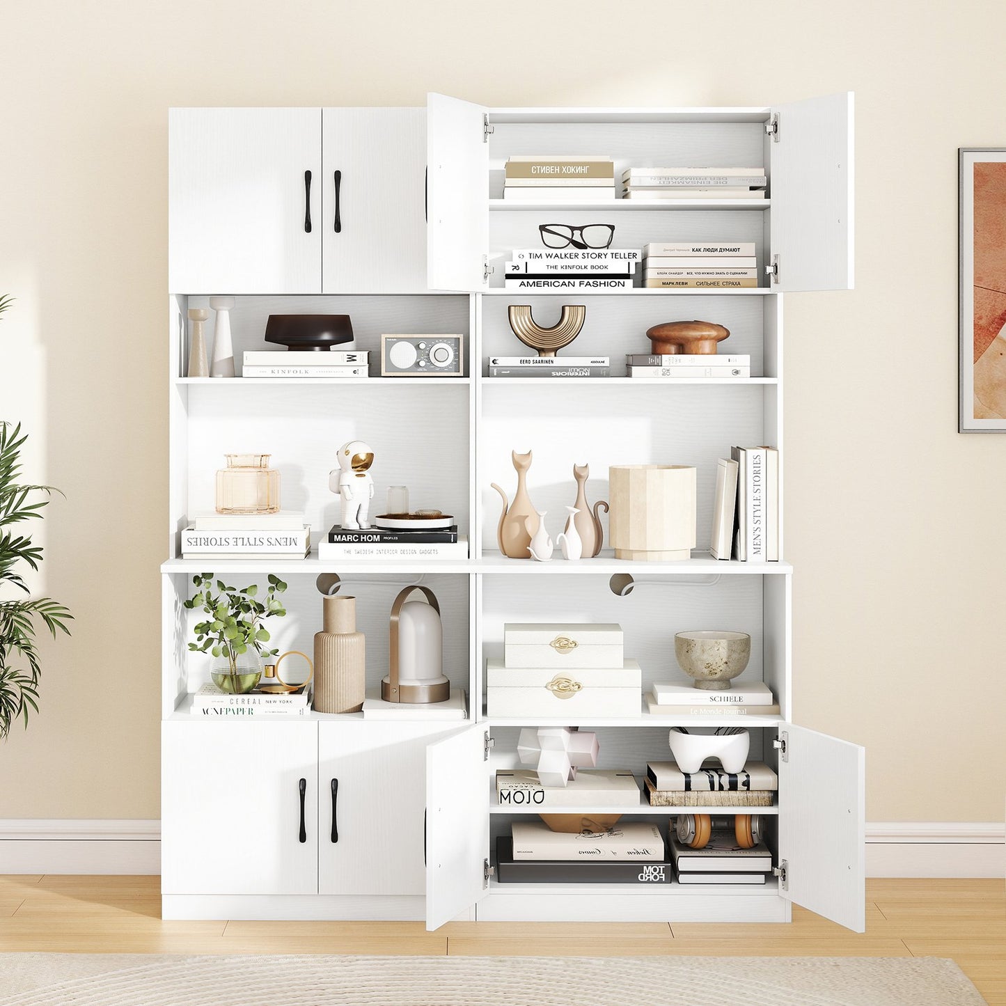 Pantry Cabinet with Power Outlets Freestanding Narrow Kitchen Hutch with 4 Doors-White