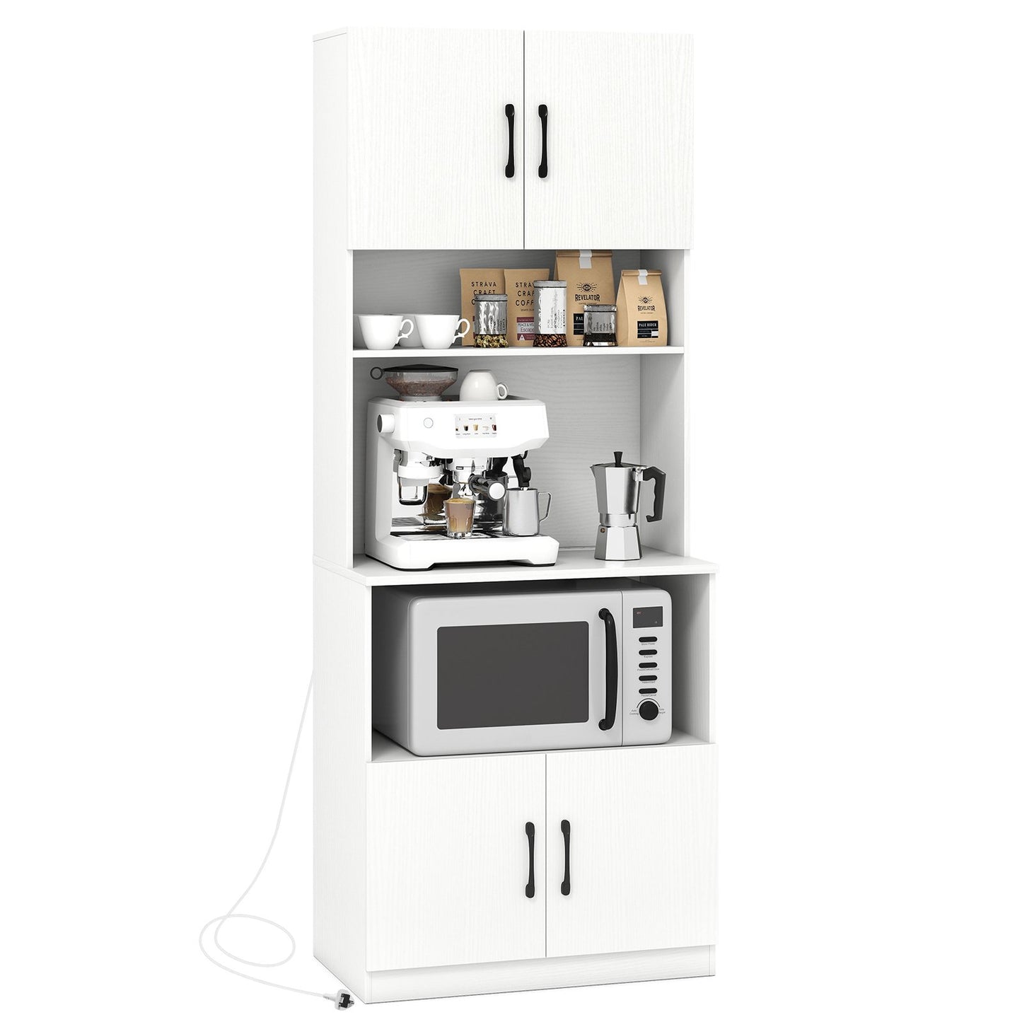 Pantry Cabinet with Power Outlets Freestanding Narrow Kitchen Hutch with 4 Doors-White