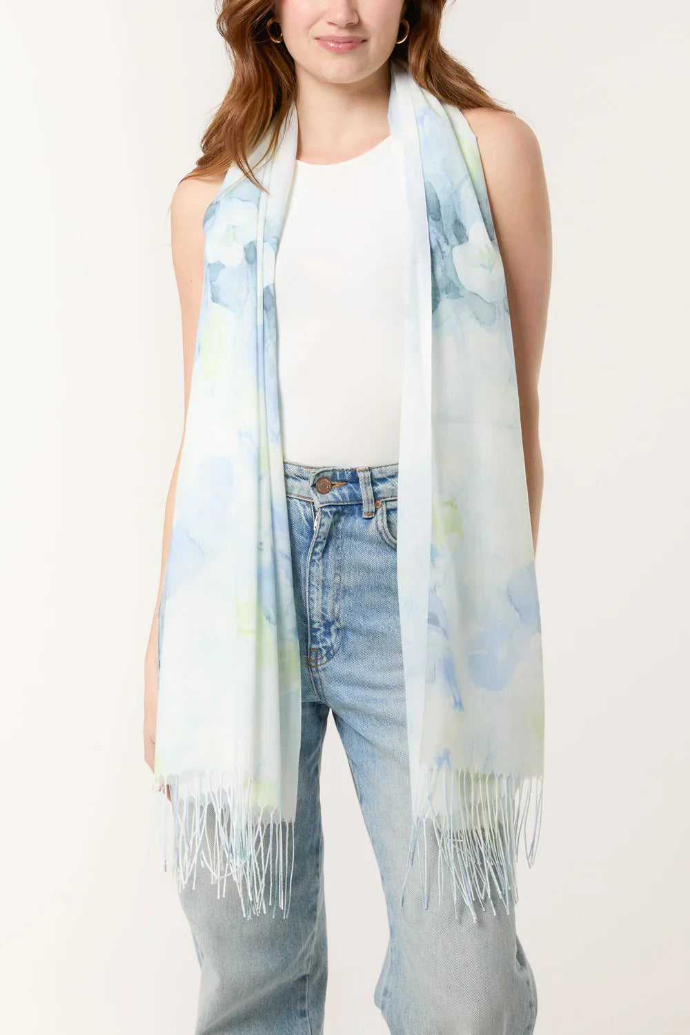 Pastel Floral Print & Tassel Scarf Green