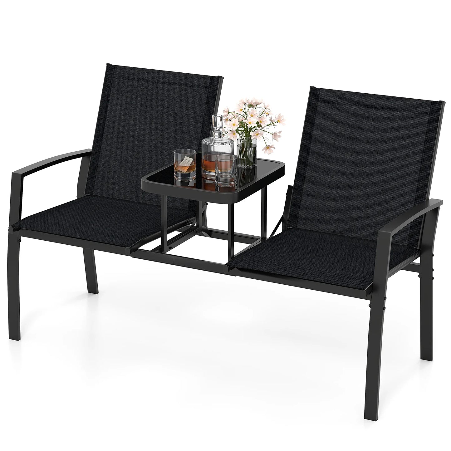 Patio Loveseat with Built-in Table 2-Seat Outdoor Furniture with Breathable Fabric Back and Seat-Black