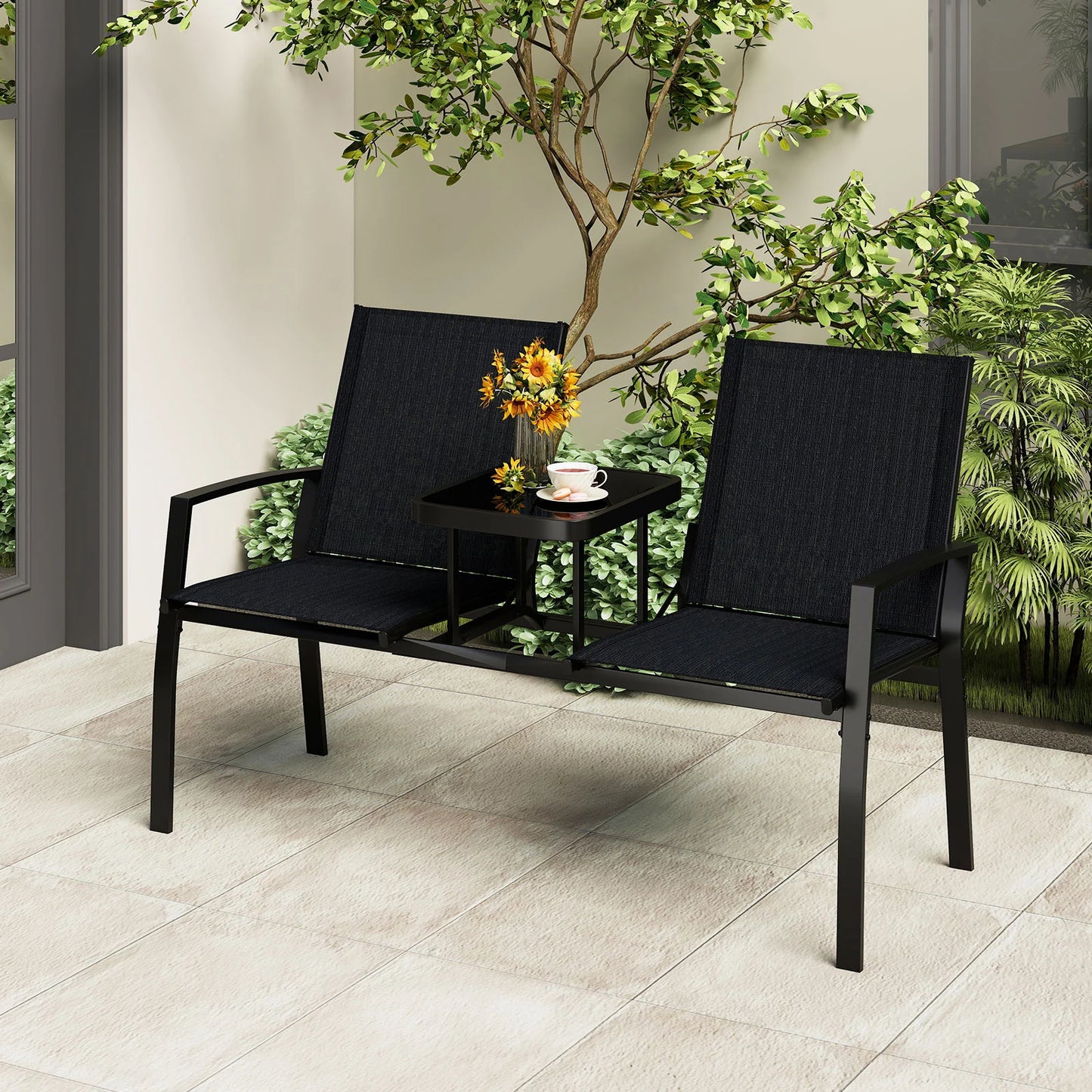 Patio Loveseat with Built-in Table 2-Seat Outdoor Furniture with Breathable Fabric Back and Seat-Black