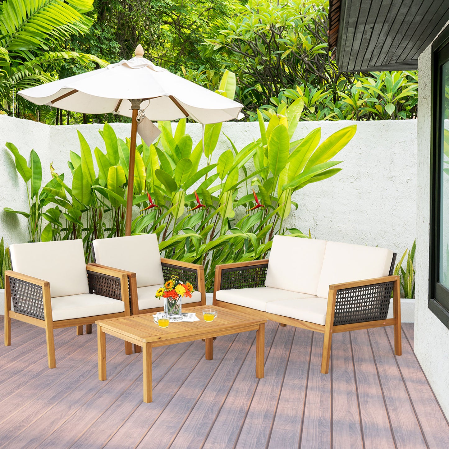4-Piece Patio Acacia Wood Furniture Set with Removable Cushions-Grey