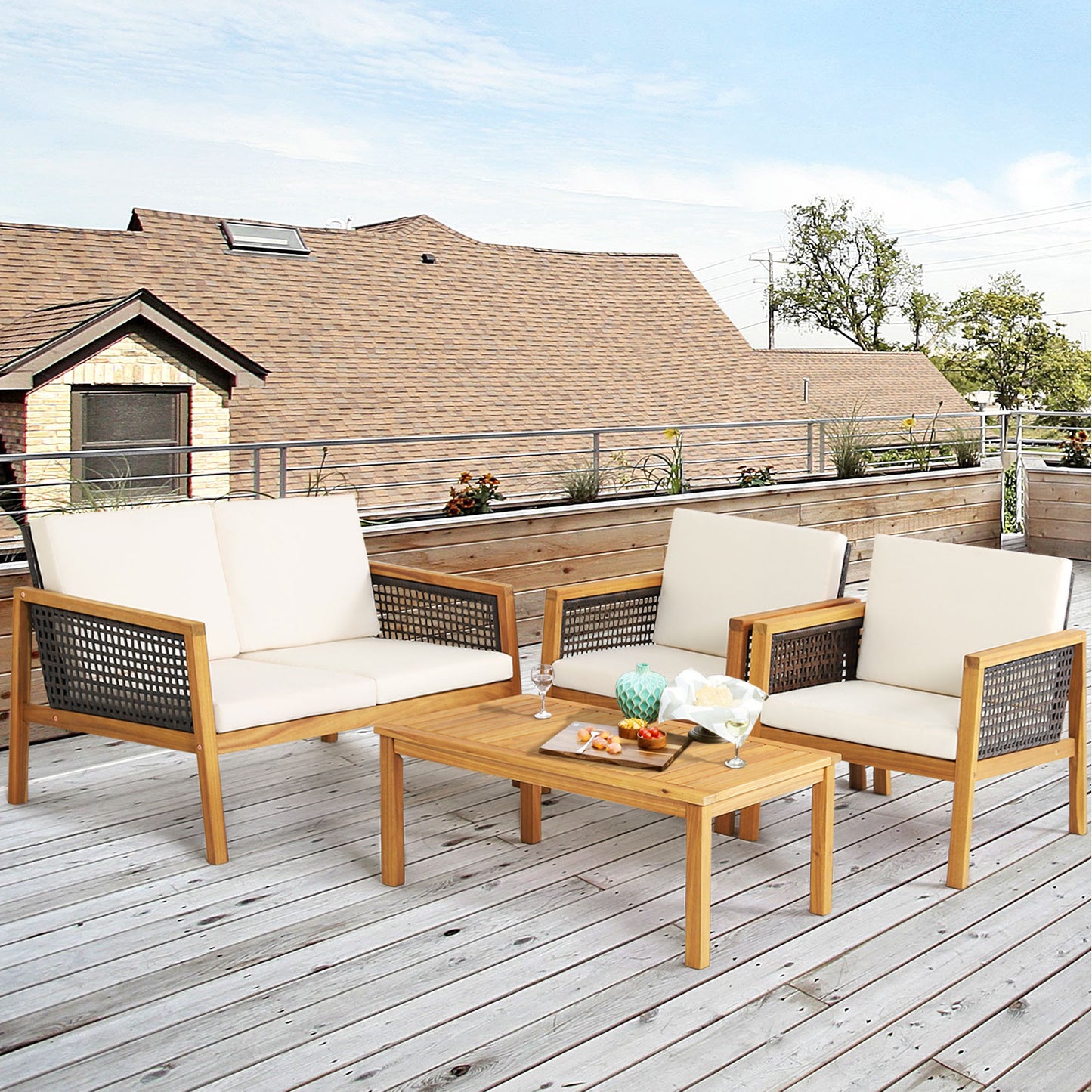4-Piece Patio Acacia Wood Furniture Set with Removable Cushions-Grey