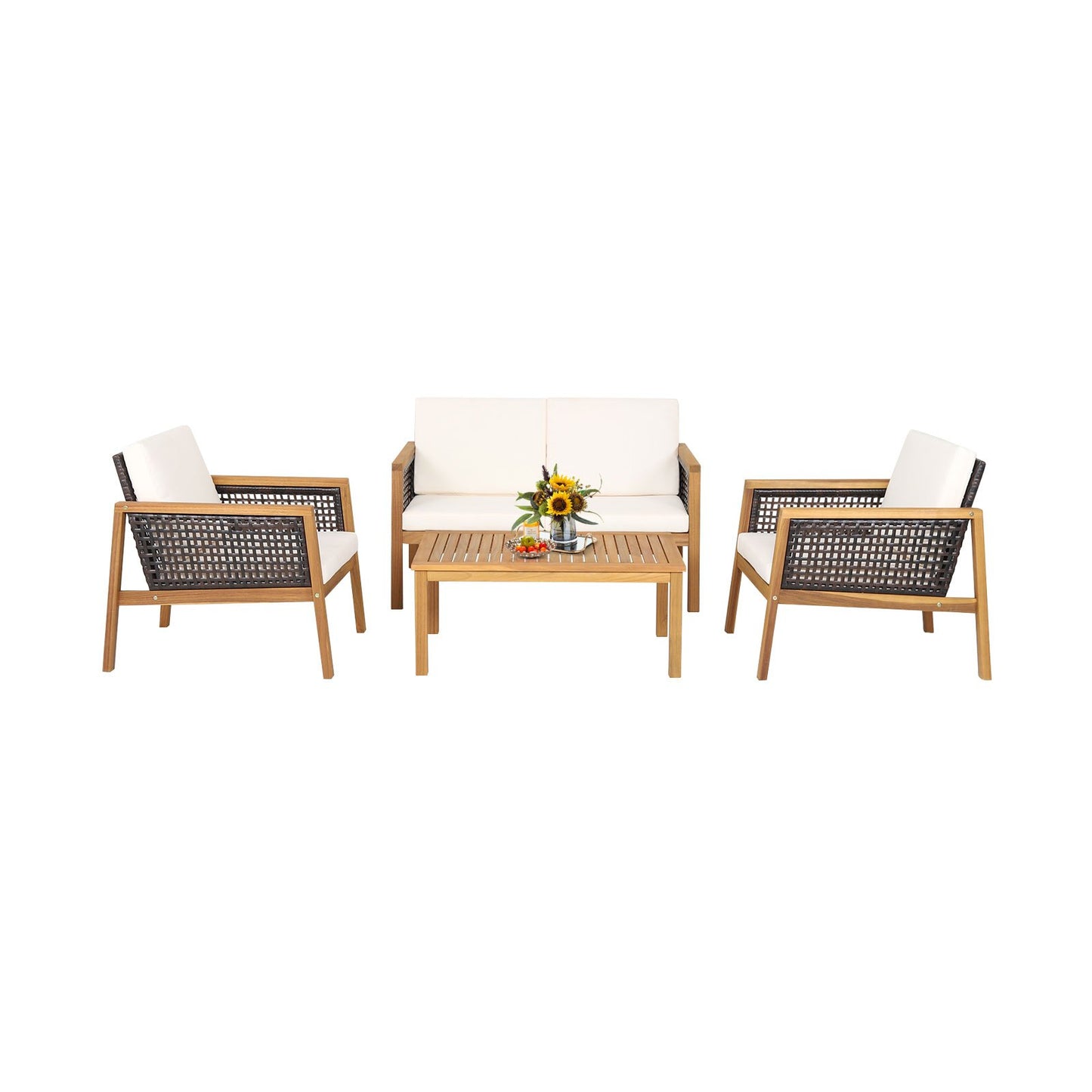 4-Piece Patio Acacia Wood Furniture Set with Removable Cushions-Grey