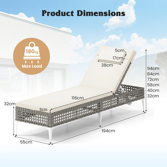 Patio Chaise Lounge PE Wicker Reclining Sun Lounger with 6-Level Adjustable Backrest-White-1 Piece