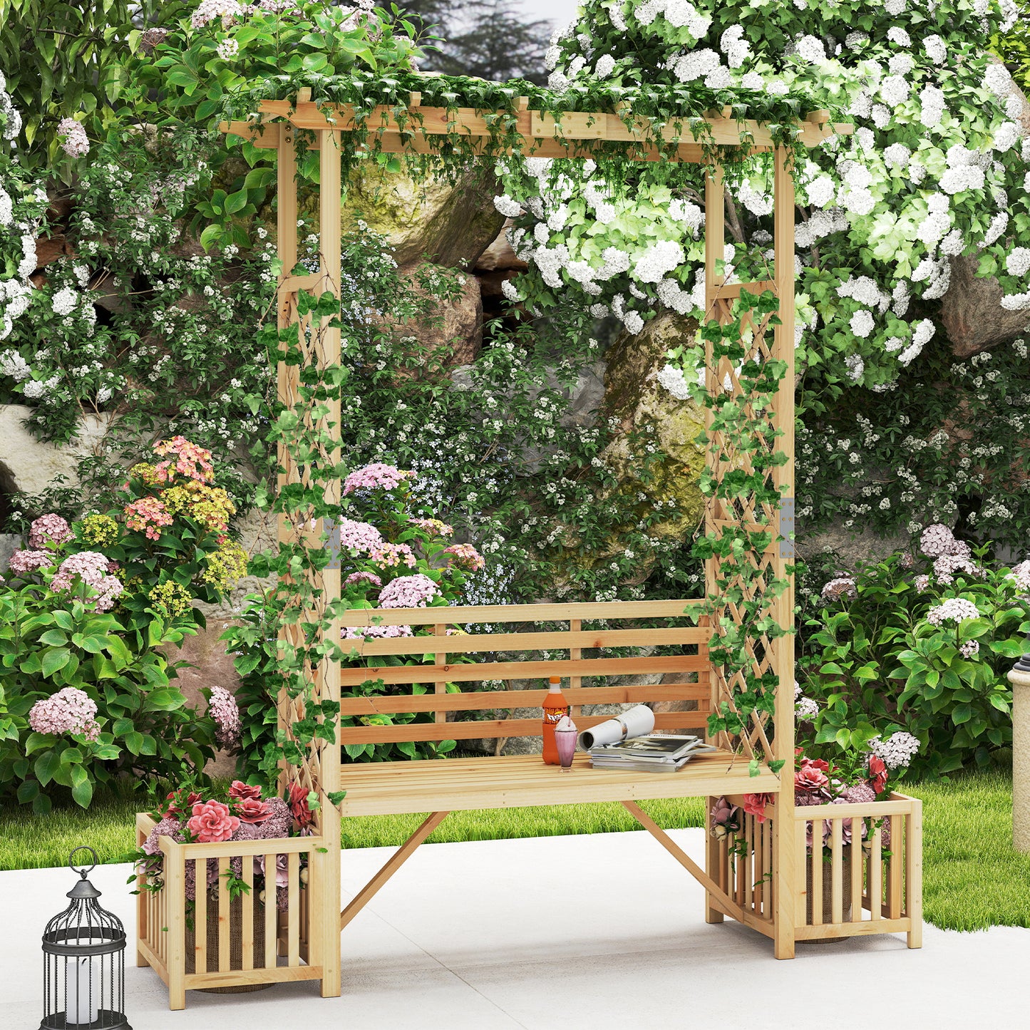 Patio Garden Bench Arbor Arch Wooden Outdoor Bench with Pergola-Natural