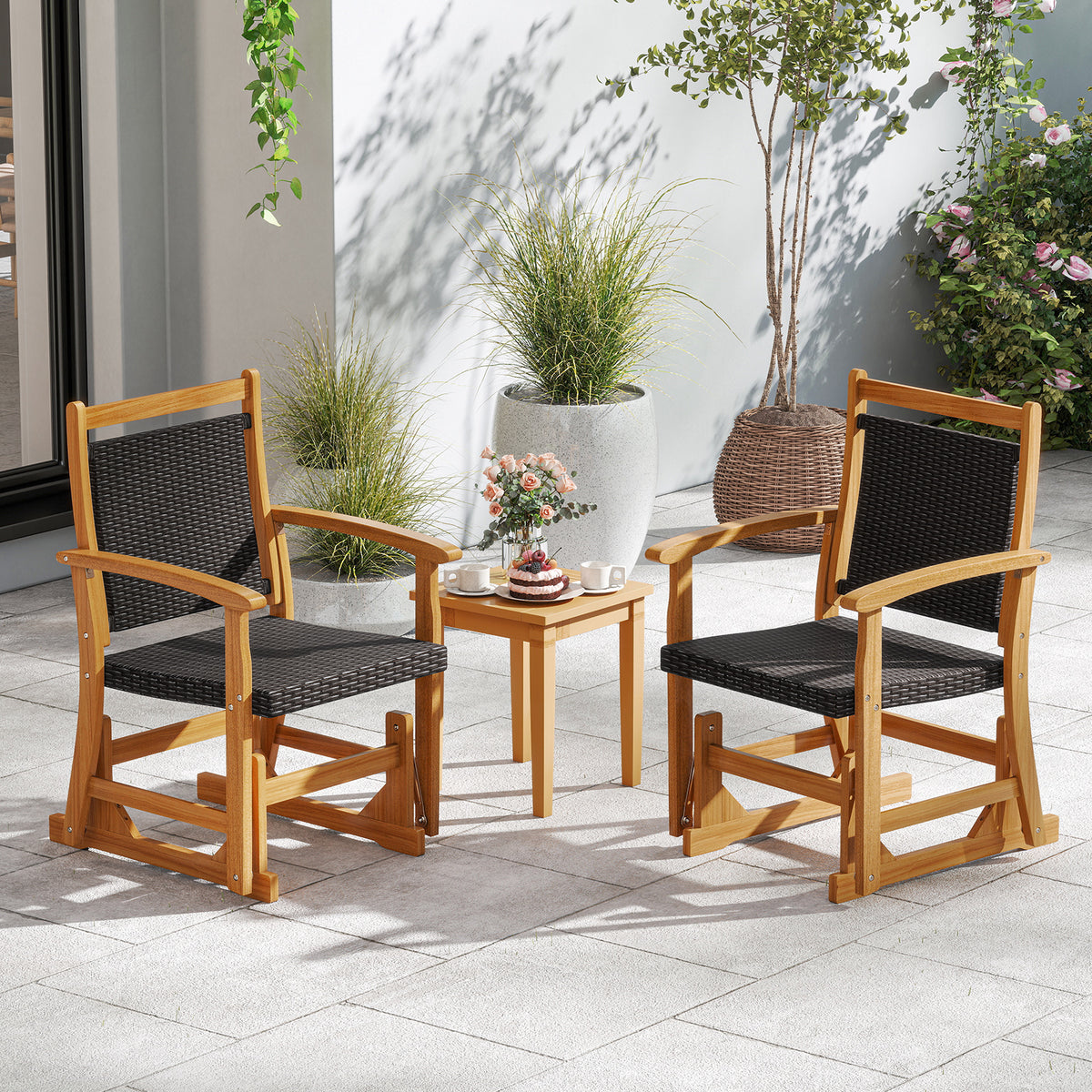 Patio Rattan Glider Chair Swing Gliding Rocker with Acacia Wood Frame