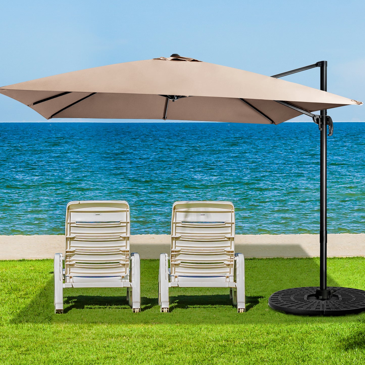 Patio Umbrella Square Offset with Cross Base and Tilt Adjustable-Beige