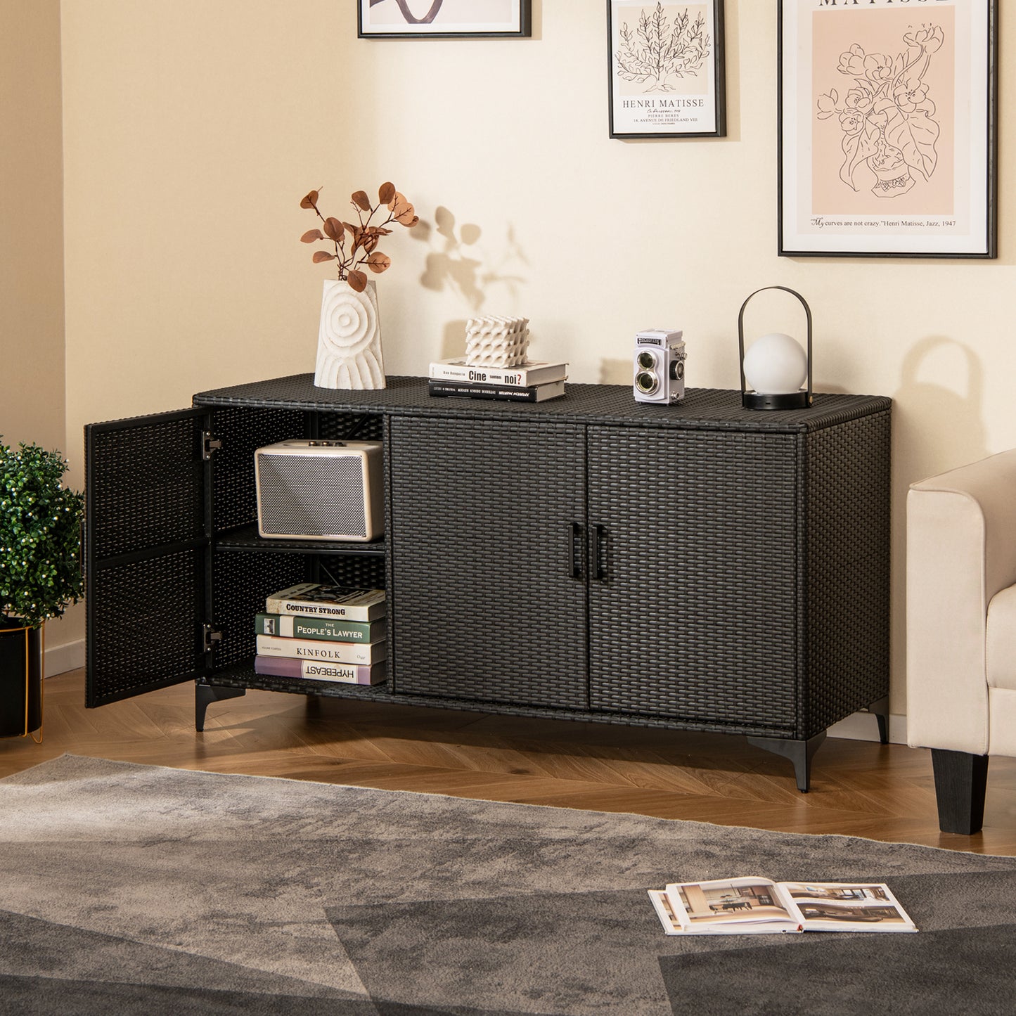 318 L Patio Wicker Storage Cabinet Deck Box with Removable Shelves-Brown