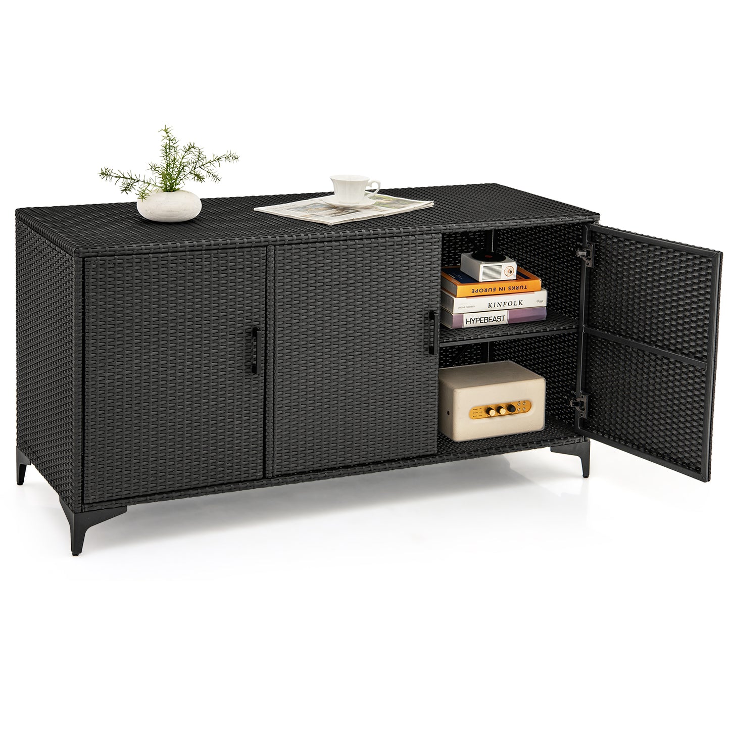 318 L Patio Wicker Storage Cabinet Deck Box with Removable Shelves-Brown