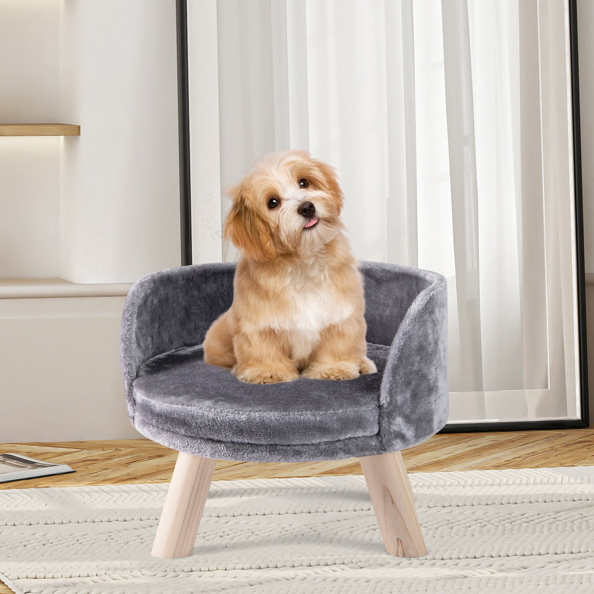 Pet Bed Sofa Wooden Couch with Removable and Washable Cushion-Beige