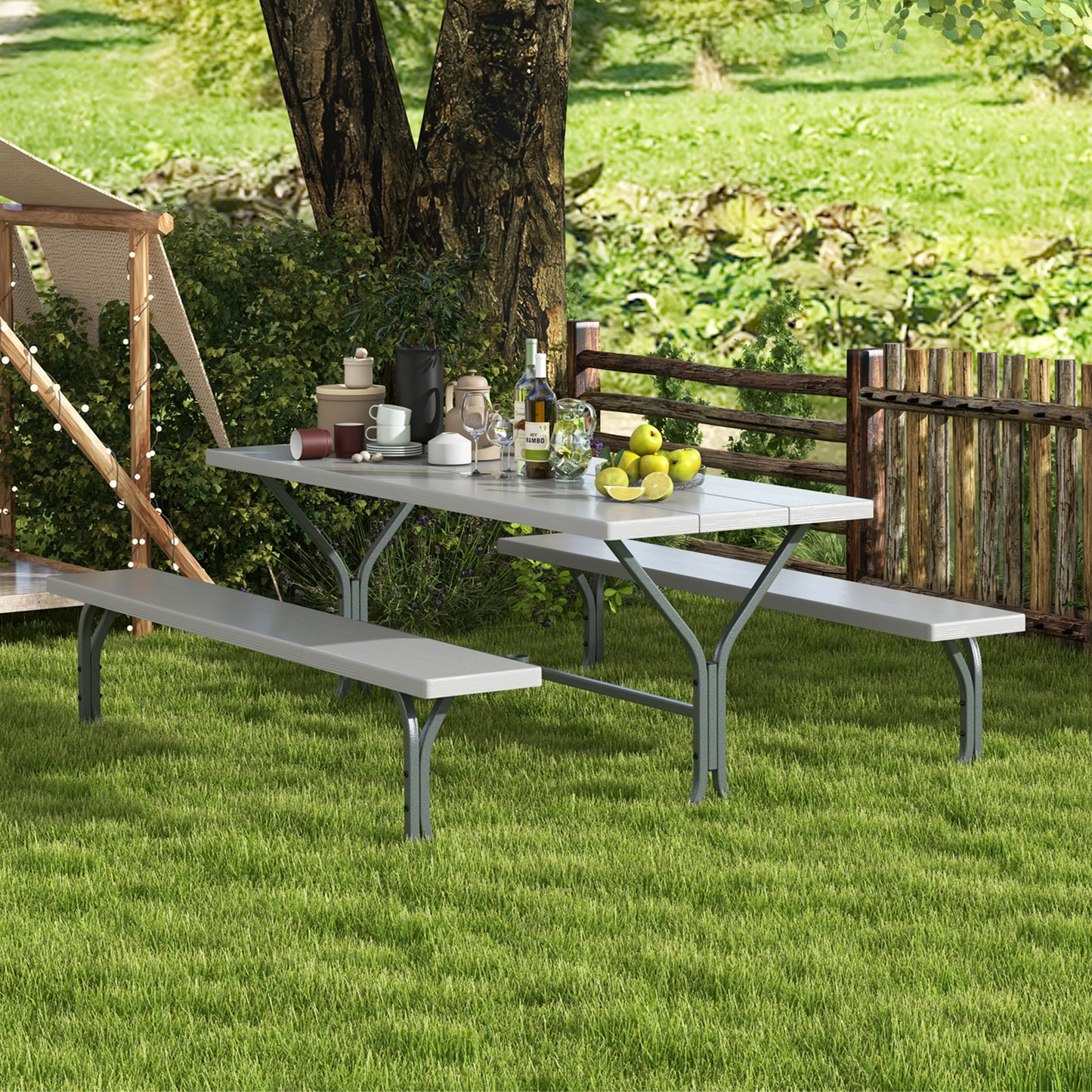 183 cm Picnic Table Bench Set with Umbrella Hole for Patio Garden Yard Poolside Party-Black