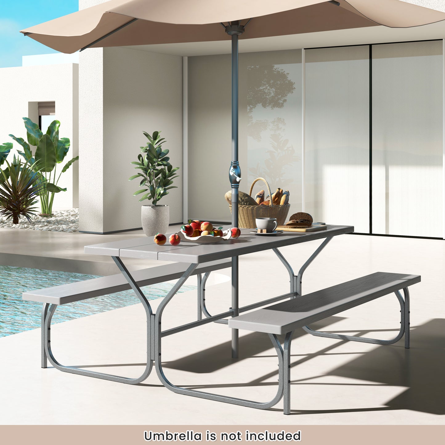 183 cm Picnic Table Bench Set with Umbrella Hole for Patio Garden Yard Poolside Party-Black
