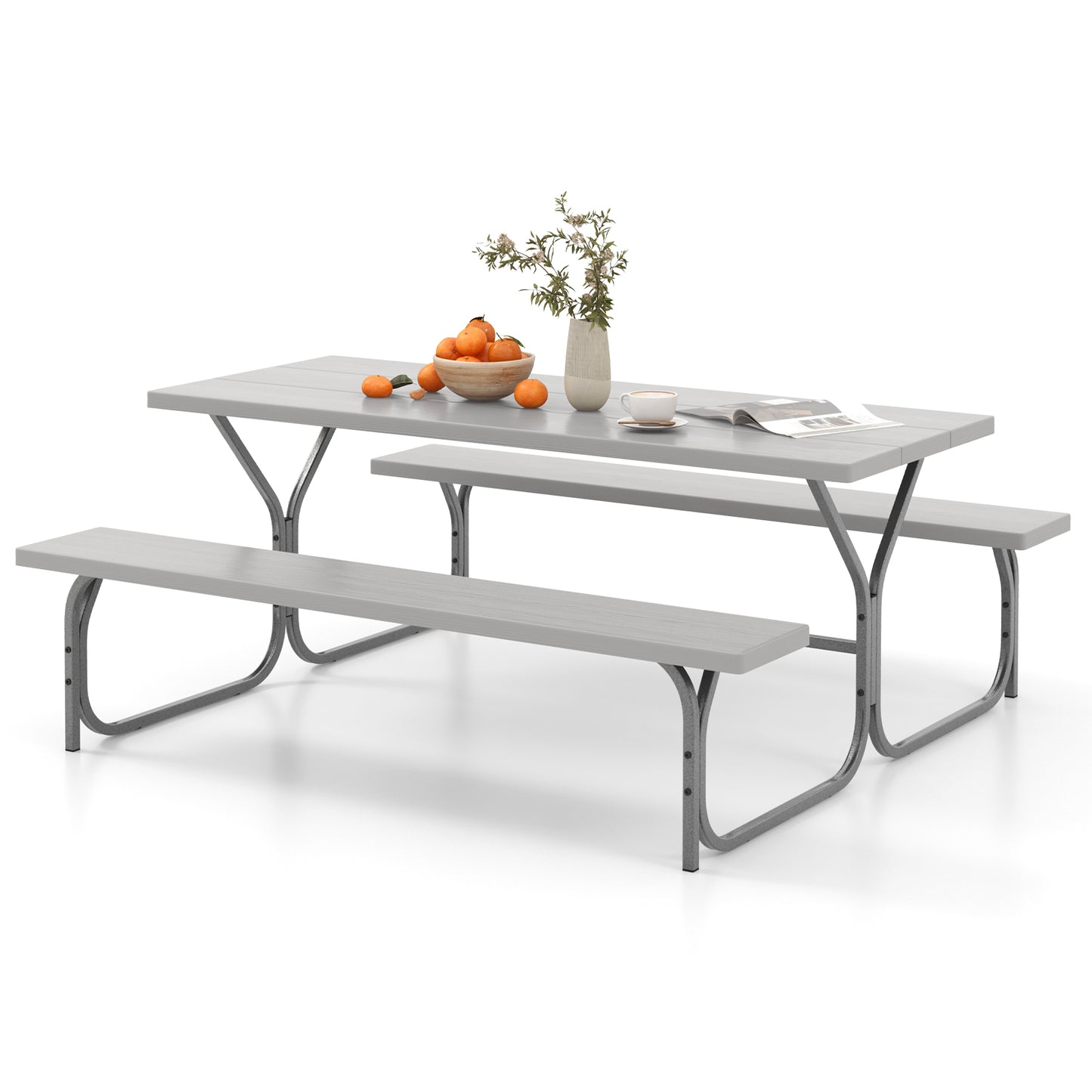 183 cm Picnic Table Bench Set with Umbrella Hole for Patio Garden Yard Poolside Party-Black