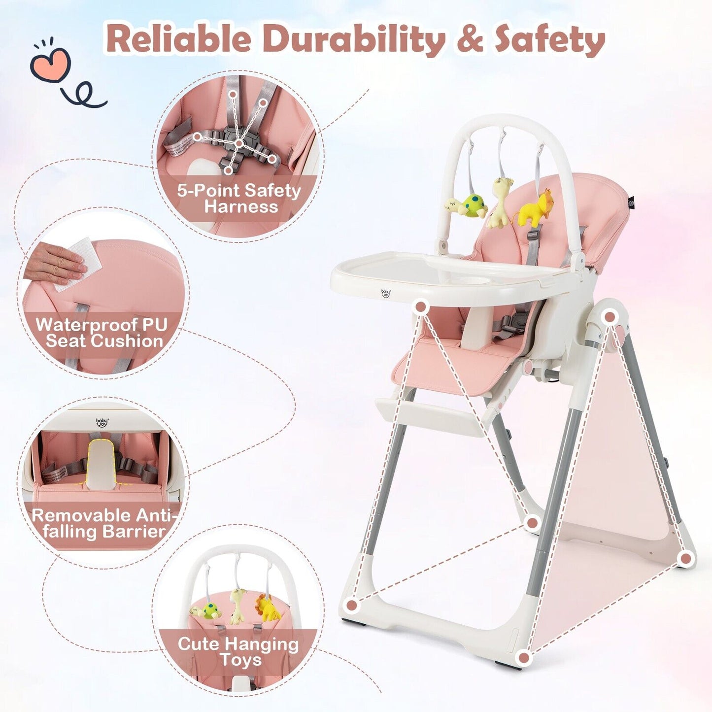 4-in-1 Foldable Baby High Chair with 7 Adjustable Heights and 4 Reclining Angles-Black